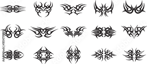 Tribal designs illustrated in a collection of black and white graphics