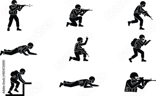 Military Special Forces Soldier Silhouette Icon Set in Various Tactical Combat Poses, Actions, and Weapon Drills