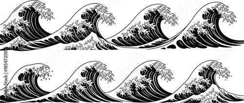 Seamless Japanese Great Wave Pattern Border Vector Illustration Black and White Ocean Sea Water Design Element