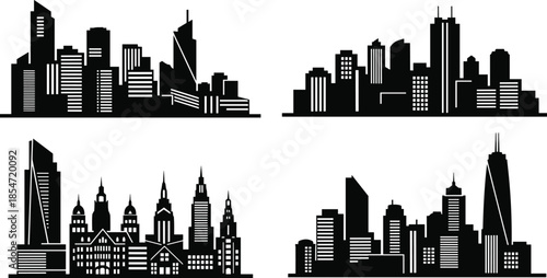 Modern City Skyline Silhouette Vector Set with Urban Skyscrapers, Downtown Buildings, Architecture Icons, and Metropolitan Cityscape Outlines for Graphic Design