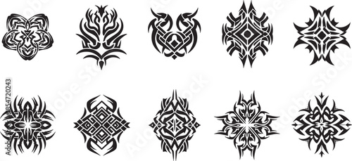 Tribal designs collection featuring various abstract patterns and shapes in black and white illustrations