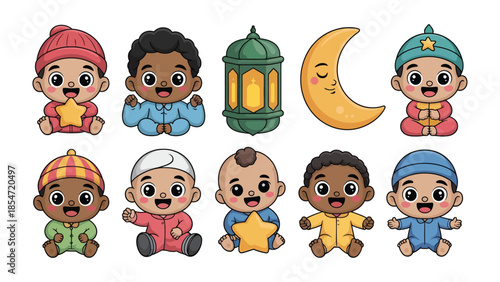 Adorable Cultural Icons: A collection of cute, cartoon baby characters representing cultural and religious symbols, designed with vibrant colors and joyful expressions.