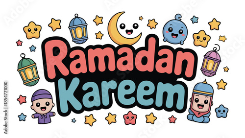 Ramadan Kareem: A vibrant cartoon featuring crescent moon and lanterns, representing the spirit of Ramadan Kareem.