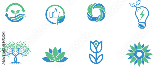 Diverse eco-friendly and nature-inspired vector icons in harmonious blue and green