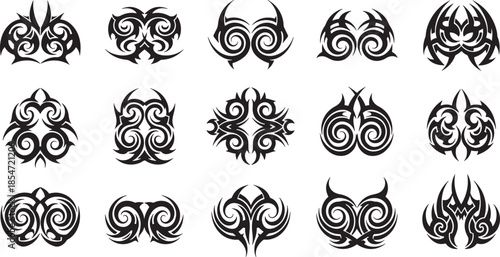 Tribal tattoo designs featuring abstract illustrations of flames and swirling patterns on a white background