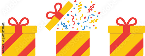 Gift, box, present, surprise, celebration, festive, confetti, open, ribbon, bow, yellow, red, striped, packaging, holiday, birthday, cheerful, decorative, party, joyful