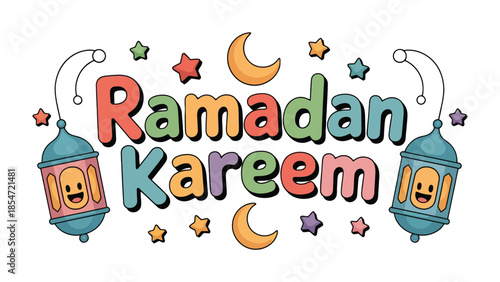 Ramadan Kareem Illustration: Festive and colorful illustration of the greeting Ramadan Kareem, capturing the spirit of Ramadan with festive lanterns, crescent moons, and stars.