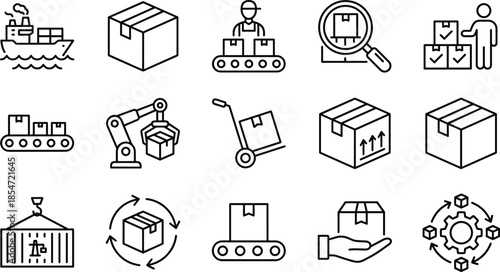 Logistics icon set, shipping symbols, package handling, warehouse tools, supply chain, delivery process, automation, inspection, vector illustration