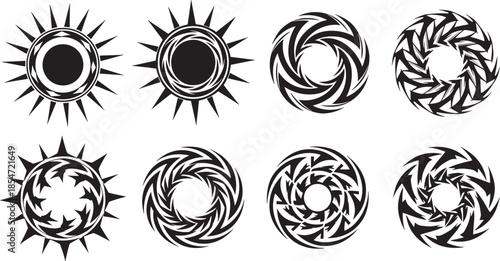 Tribal Sun Symbol Illustrations Featuring Spiral Patterns and Celestial Motifs in Various Artistic Interpretations