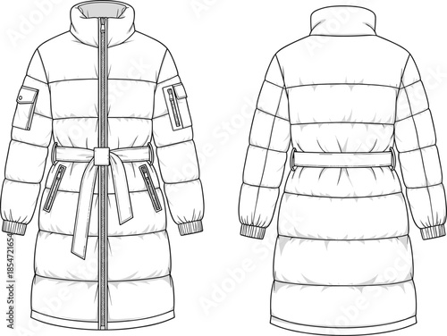 Long Puffer Coat CAD Technical Drawing, Front and Back View, High Stand Collar, Full Zip Closure and Tie Belted Waist, Flat Vector Illustration Template for Garment Design.