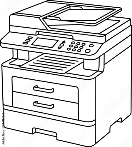 printer, copier, scanner, fax, multifunction, office, equipment, machine, document, feeder, tray, drawers, control, panel, buttons, screen, technology, workplace, black-and-white, illustration