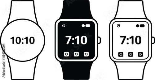 Modern smartwatch vector icon set featuring digital display and analog round screen for wearable technology interface design