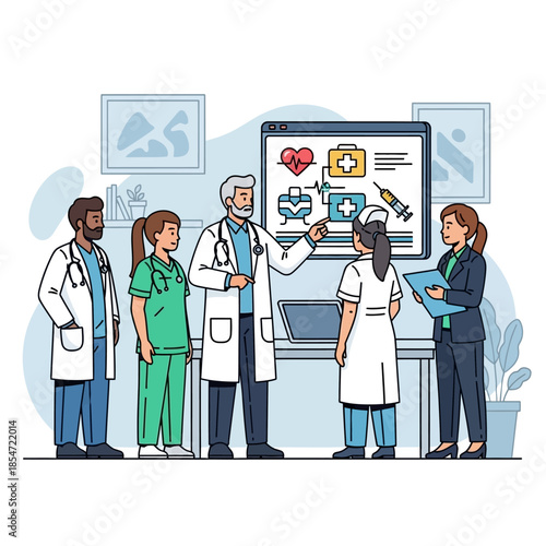 A group of diverse medical professionals discussing healthcare data and technology on a large screen in a modern office setting.