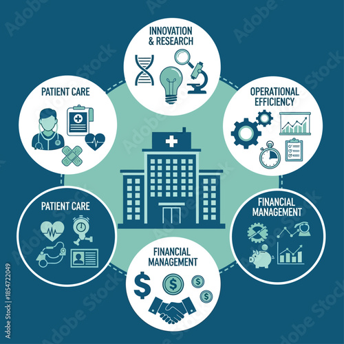 Infographic illustrating key aspects of hospital management including patient care, innovation, operational efficiency, and financial strategies.