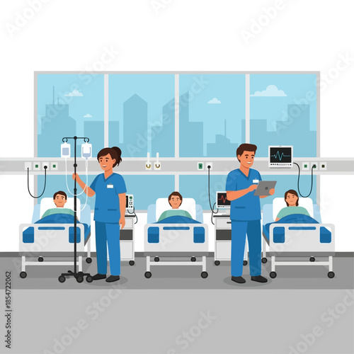 Nurses providing care to three patients in a modern hospital ward with medical equipment and a city skyline view.