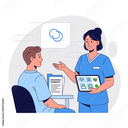 Female nurse explains medical information on a tablet to a male patient in a hospital setting, with a discharge summary nearby.