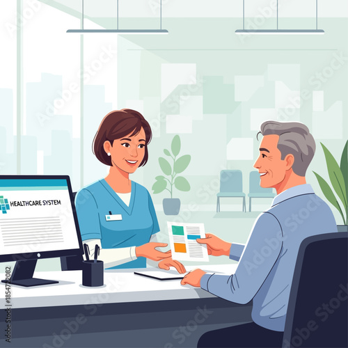 A female healthcare professional assists a male patient at a reception desk in a modern clinic.