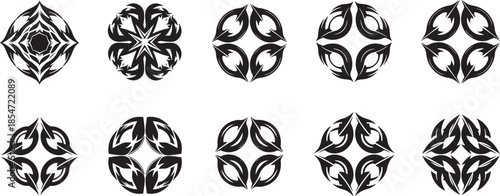 Tribal patterns collection featuring floral and geometric designs in black and white illustrations