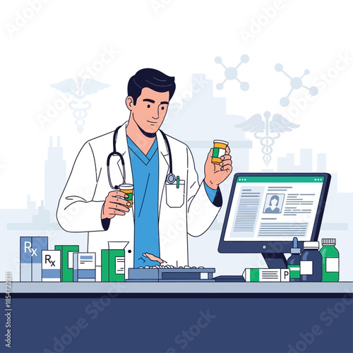 Male pharmacist in a white coat examining medicine bottles at a pharmacy counter with a computer and various medications.