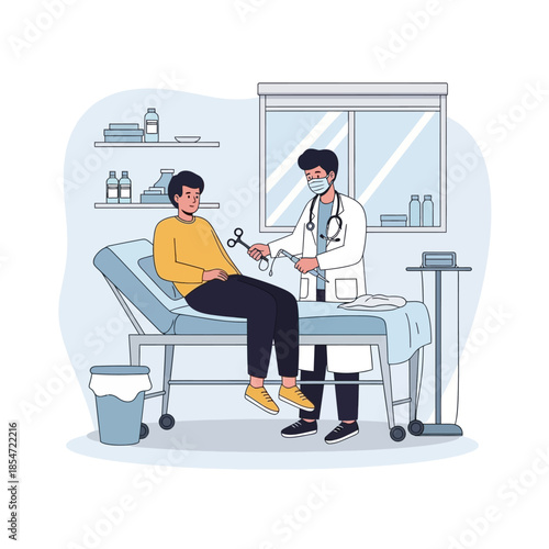 A doctor in a medical mask examining a male patient in a clinic setting.