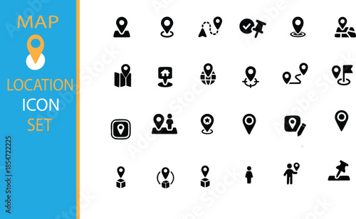 The graphic is organized into a grid of 24 unique icons, each representing a specific concept related to geography, tracking, and logistics. To the left, a large feature panel showcases a primary map.