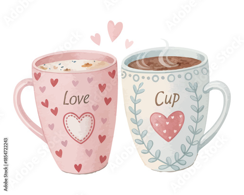 Romantic Coffee Mugs Watercolor Pair Love Cup Clipart vector illustration isolated on white background