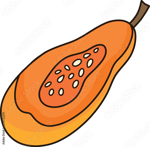 Cartoon of a ripe papaya cut in half.