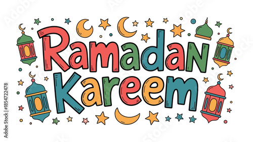 Ramadan Kareem: A festive and vibrant graphic design celebrating the holy month, featuring colorful typography and traditional decorative elements.