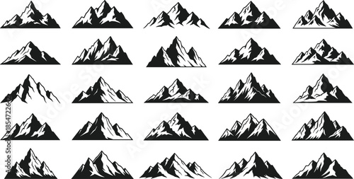 Collection of minimalist mountain peak silhouettes and range landscape vector icons for outdoor adventure logo design and wilderness nature branding