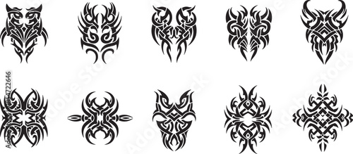Tribal designs featuring various abstract animal and mythical creature illustrations in black and white