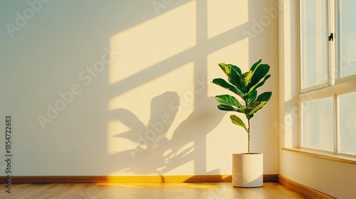 Bright Indoor Space with Green Plant and Natural Light Shadows