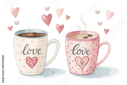 Romantic Coffee Mugs Watercolor Pair Love Cup vector illustration isolated on white background