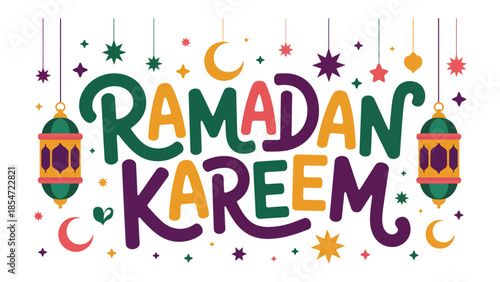 Ramadan Kareem Illustration: Festive and vibrant design celebrating the holy month of Ramadan, with ornate lanterns and crescent moons against a backdrop of stars and decorative elements.