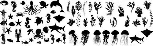 Marine silhouette set, jellyfish, seaweed, fish, sharks vector