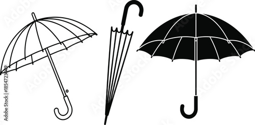 Umbrella vector set featuring open and closed parasols for rain protection weather and autumn seasonal design