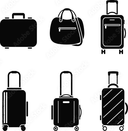 Professional travel luggage icon vector set featuring suitcases and shoulder bags for tourism and baggage handling