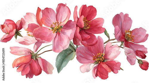 Isolated pink summer flowers on a white background with a vintage style