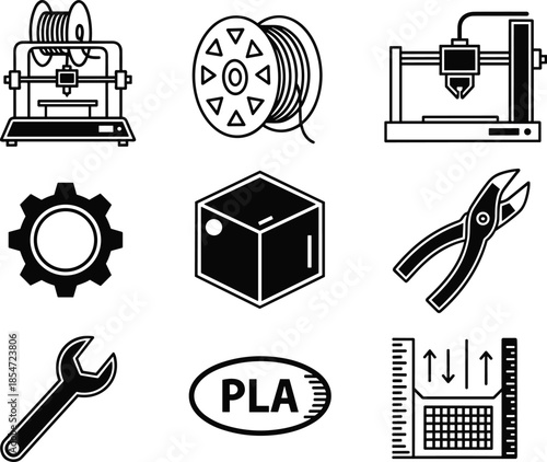 Set of 3D Printing and Additive Manufacturing Line Icons Featuring 3D Printers Filament Spools PLA Material Gear and Prototyping Tools for Engineering
