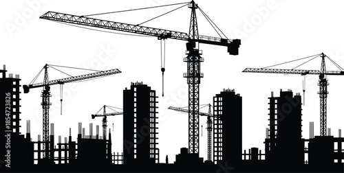 Silhouette of Industrial Construction Site Skyline with Tower Cranes and Unfinished Skyscrapers Vector Illustration