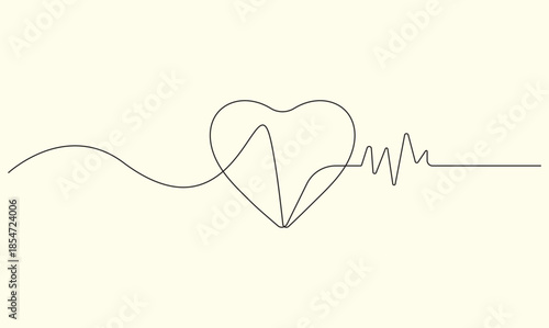 Heart shape with a pulse line in continuous drawing style for cardiology