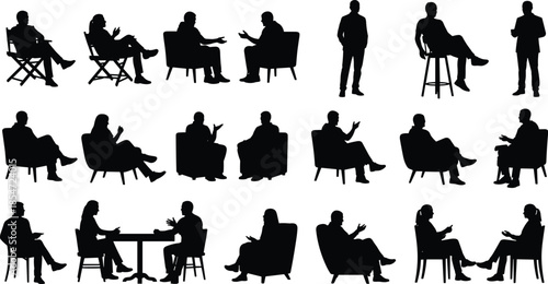 Silhouettes of people sitting in chairs, talking, and gesturing in meetings, interviews, and casual conversations for various business and social settings.