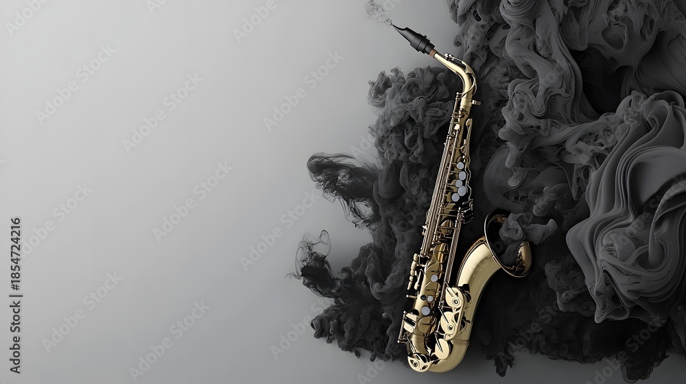 Obraz premium Elegant Saxophone Surrounded by Flowing Black Smoke on Gray Background
