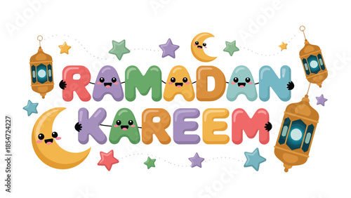 Ramadan Kareem: A vibrant and whimsical illustration captures the essence of the holy month, featuring playful characters and traditional lanterns and stars.