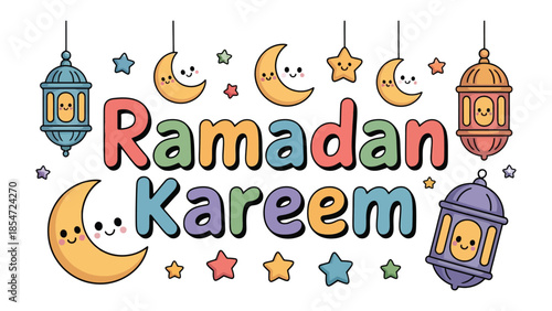 Ramadan Kareem Illustration: Festive illustrations with glowing lanterns, smiling crescent moons, and twinkling stars create a bright and welcoming atmosphere, ideal for celebrating Ramadan.