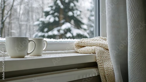 Enjoy a peaceful winter morning showcasing warm drinks and a cozy atmosphere by the window, surrounded by snowy nature