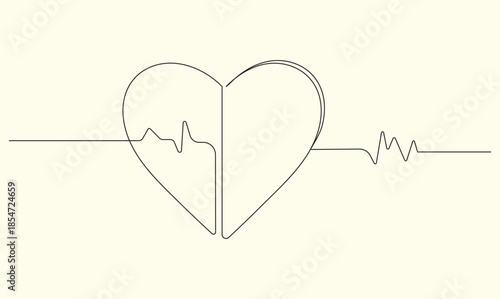Heart shape with a pulse line in continuous drawing style for cardiology