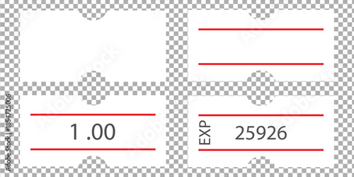 Self-adhesive paper price tag with two red stripes. Blank price label. White sticker to indicate the expiration date. Vector illustration isolated on transparent background.