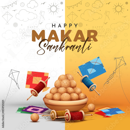 Makar Sankranti Indian festival banner design with illustration of kites, ladoo and seamless pattern background