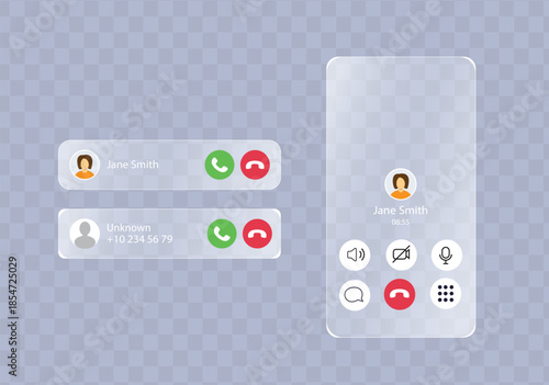 Liquid glass call screen interface, incoming push notification interface. A modern transparent glassmorphism ui for incoming and active phone calls on a smartphone. This image presents a contemporary 