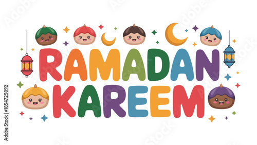 Ramadan Kareem Illustration: Festive and colorful Ramadan Kareem illustration with smiling character, moon and lanterns, is perfect for sharing the blessings of Ramadan.